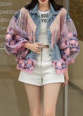 Loose Blue Tasseled Embroideried Ruffled Patchwork Denim Coat Lantern Sleeve LY5223