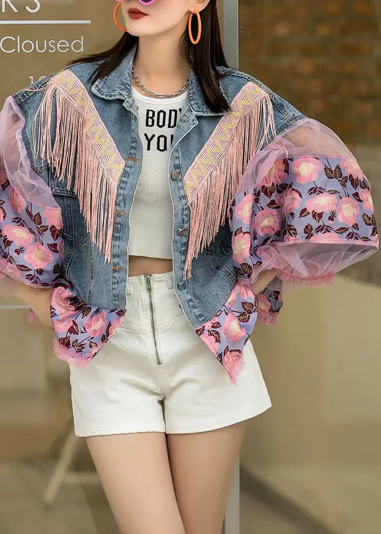 Loose Blue Tasseled Embroideried Ruffled Patchwork Denim Coat Lantern Sleeve LY5223