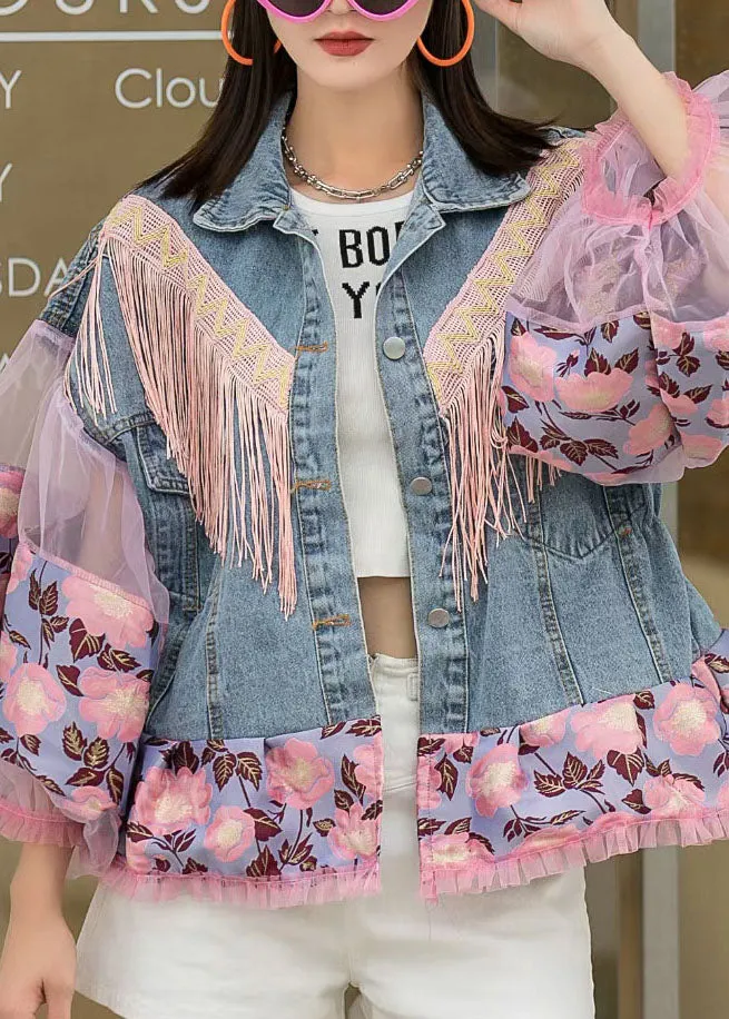 Loose Blue Tasseled Embroideried Ruffled Patchwork Denim Coat Lantern Sleeve LY5223