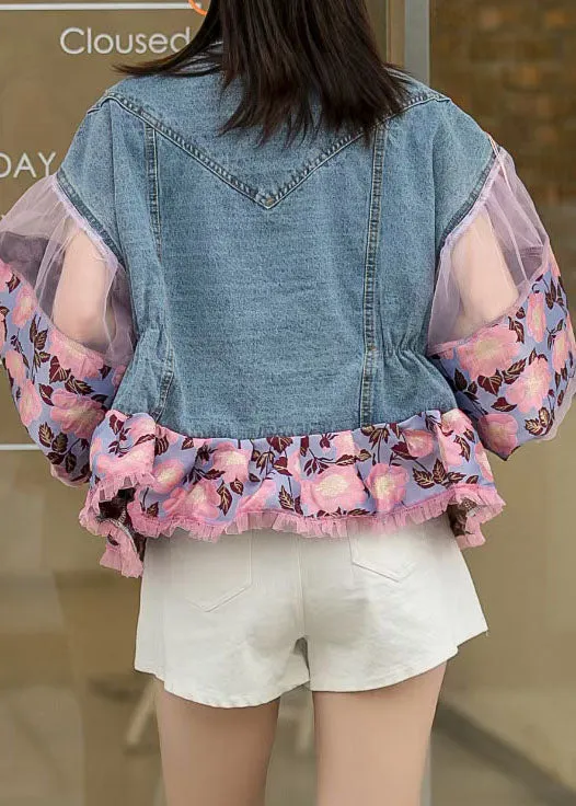 Loose Blue Tasseled Embroideried Ruffled Patchwork Denim Coat Lantern Sleeve LY5223