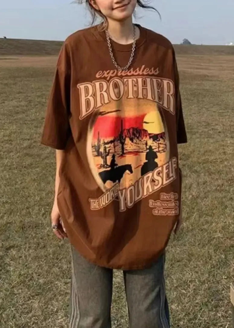 Loose Coffee O Neck Print Patchwork Cotton T Shirt Short Sleeve LY8999