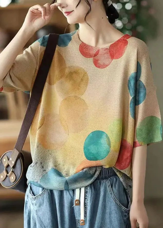 Loose Khaki O Neck Print Thin Cotton Knit T Shirt Summer ML3353