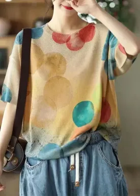 Loose Khaki O Neck Print Thin Cotton Knit T Shirt Summer ML3353