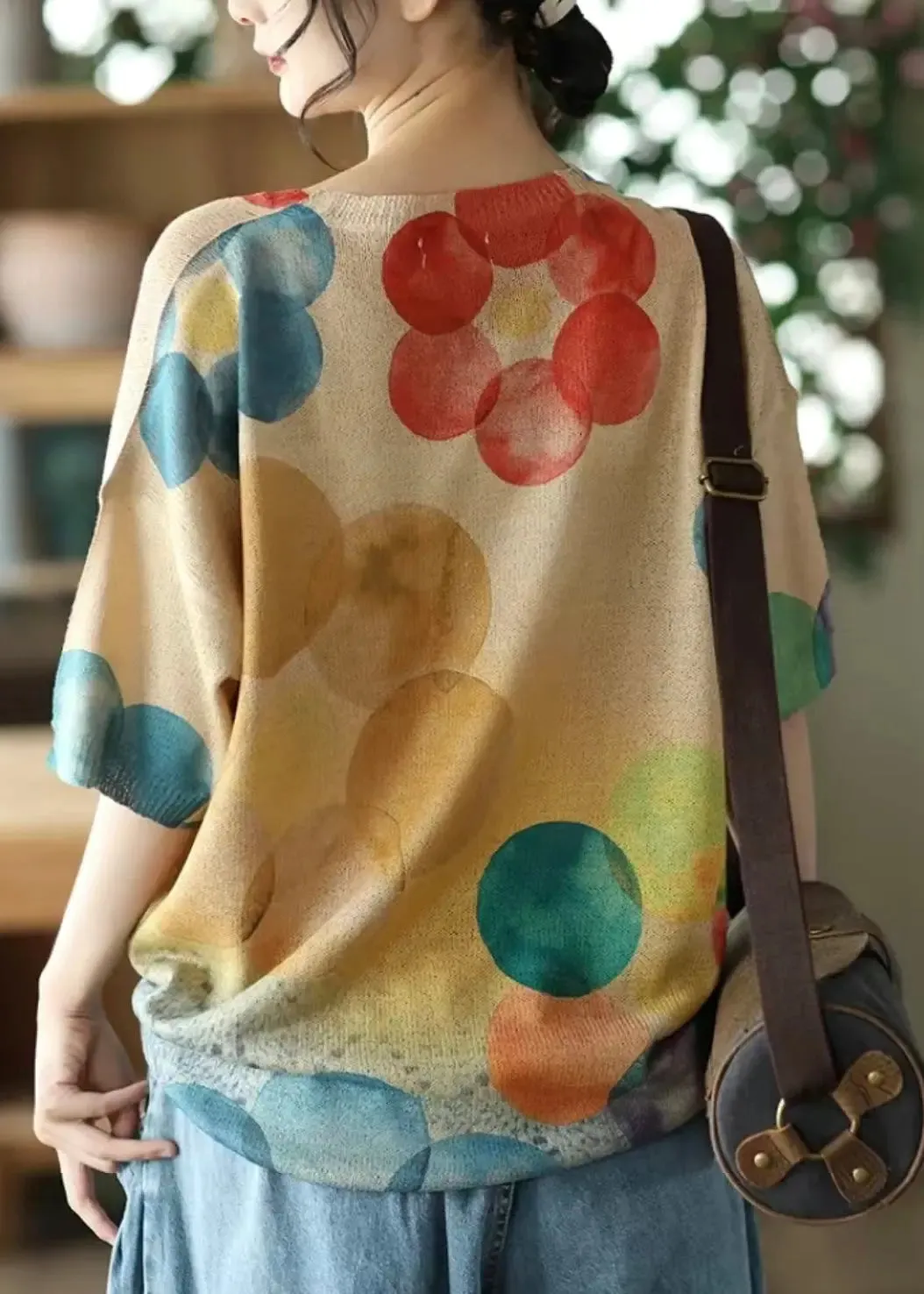 Loose Khaki O Neck Print Thin Cotton Knit T Shirt Summer ML3353