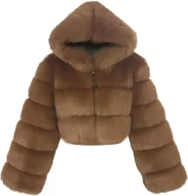 loveimgs Women Winter Fuzzy Hooded Cropped Faux Fur Jacket Puffer Coat Fluffy Parka Leather Warm Zip Up Teddy Coat