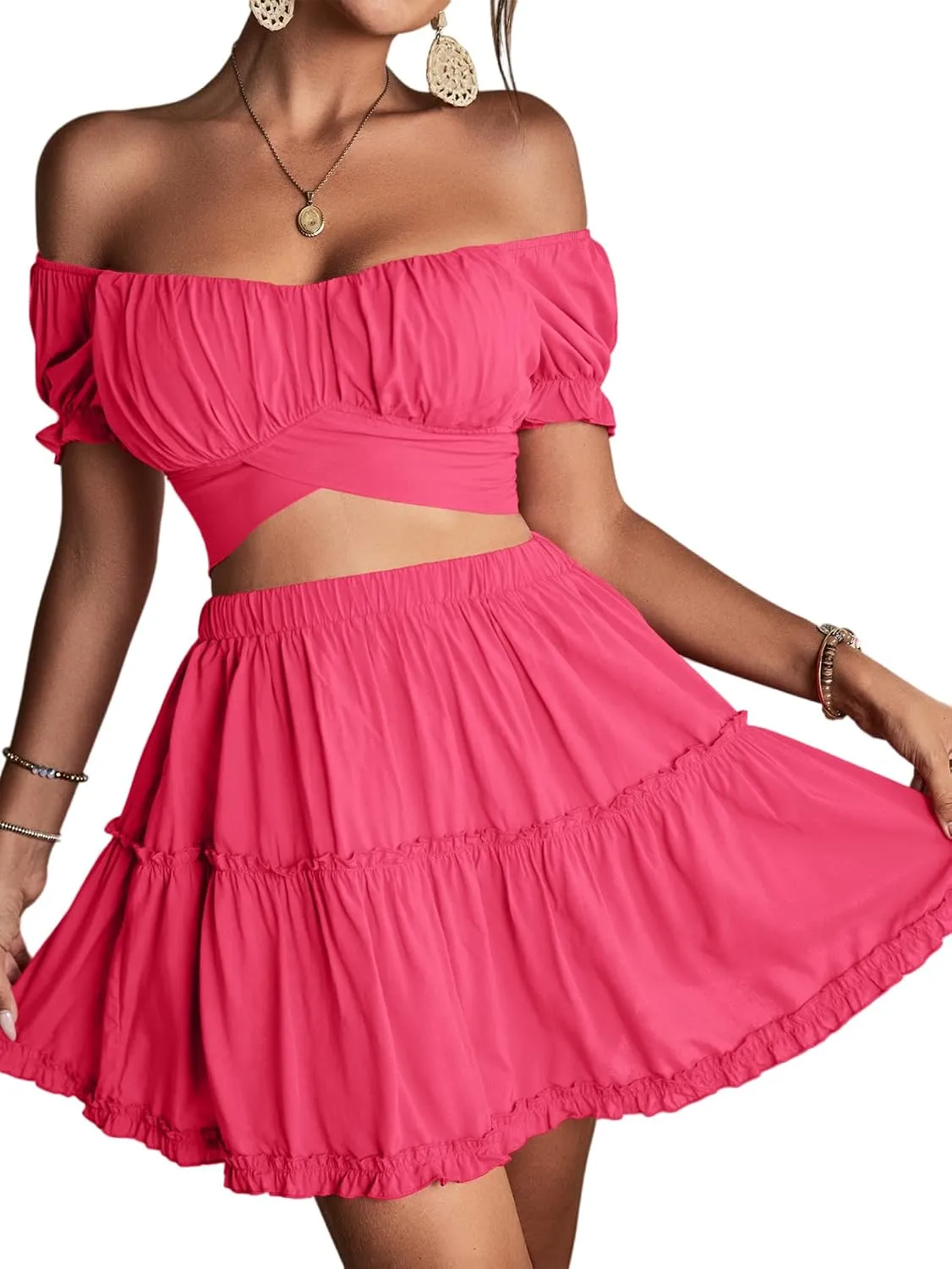 LYANER Women's 2 Piece Outfits Floral Off Shoulder Tie Up Crop Top and Mini Skirt Set