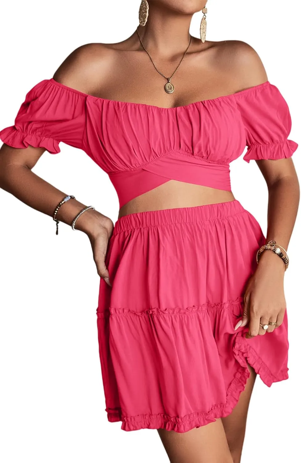 LYANER Women's 2 Piece Outfits Floral Off Shoulder Tie Up Crop Top and Mini Skirt Set