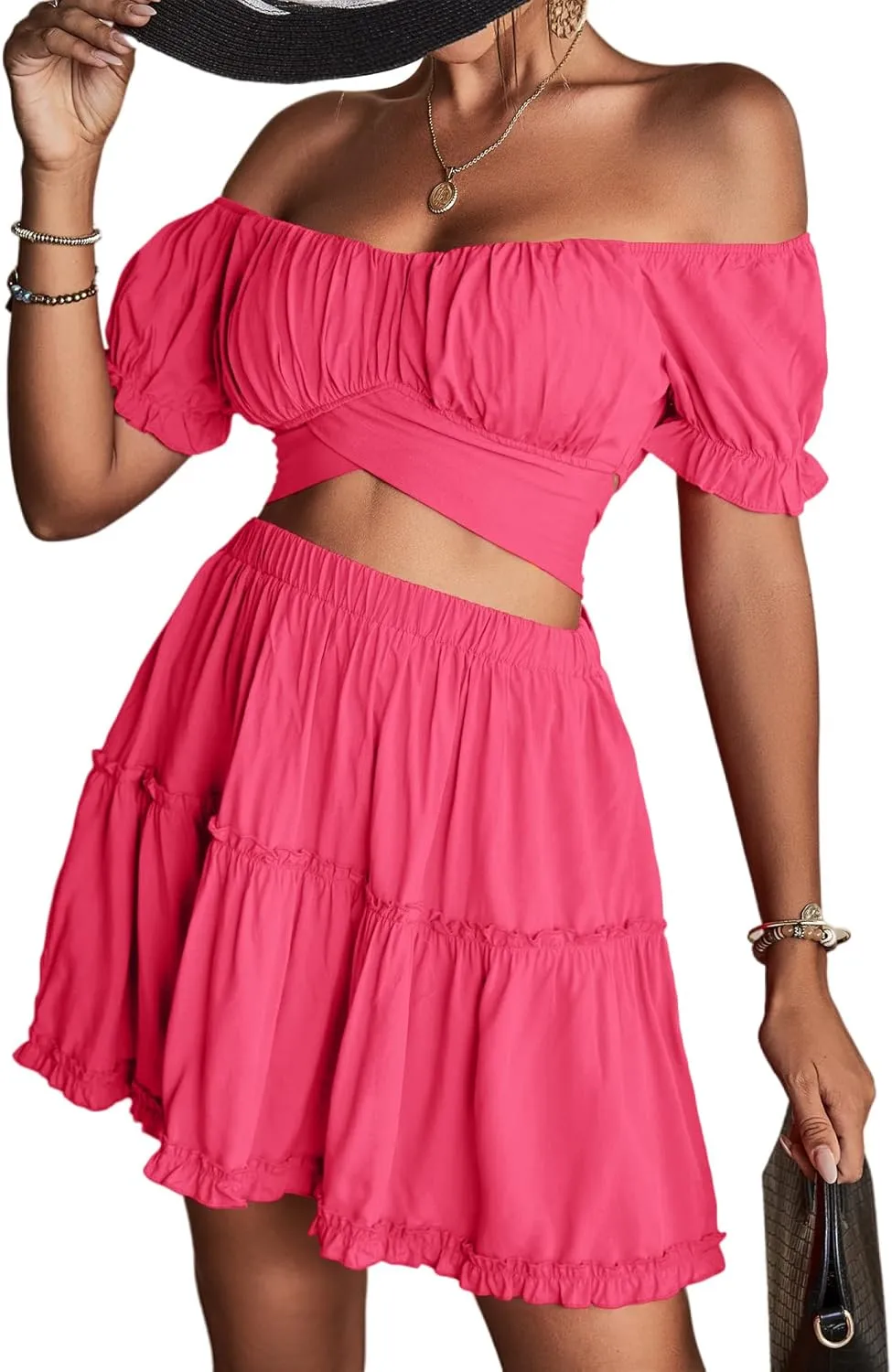 LYANER Women's 2 Piece Outfits Floral Off Shoulder Tie Up Crop Top and Mini Skirt Set