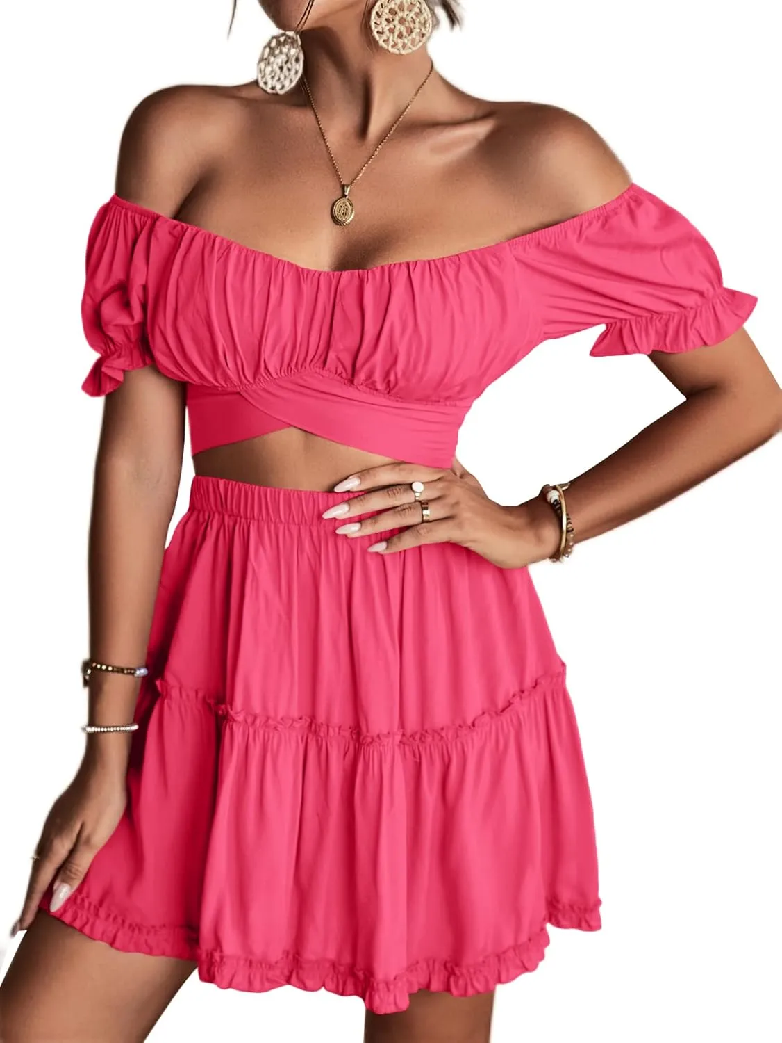 LYANER Women's 2 Piece Outfits Floral Off Shoulder Tie Up Crop Top and Mini Skirt Set