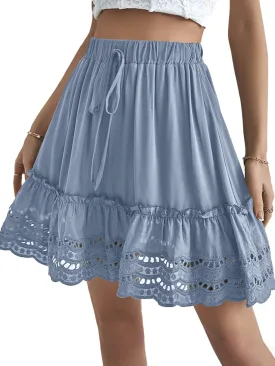 LYANER Women's Elastic Waist Self Tie Pullover Scallop Hem Pleated Casual Mini Skirt