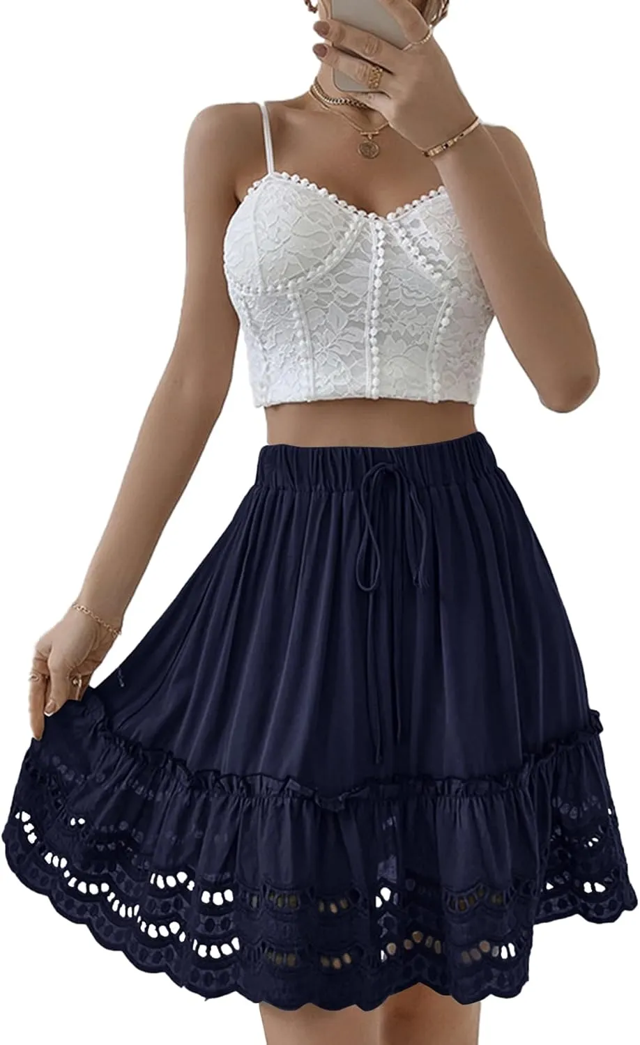 LYANER Women's Elastic Waist Self Tie Pullover Scallop Hem Pleated Casual Mini Skirt