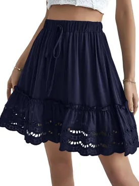 LYANER Women's Elastic Waist Self Tie Pullover Scallop Hem Pleated Casual Mini Skirt