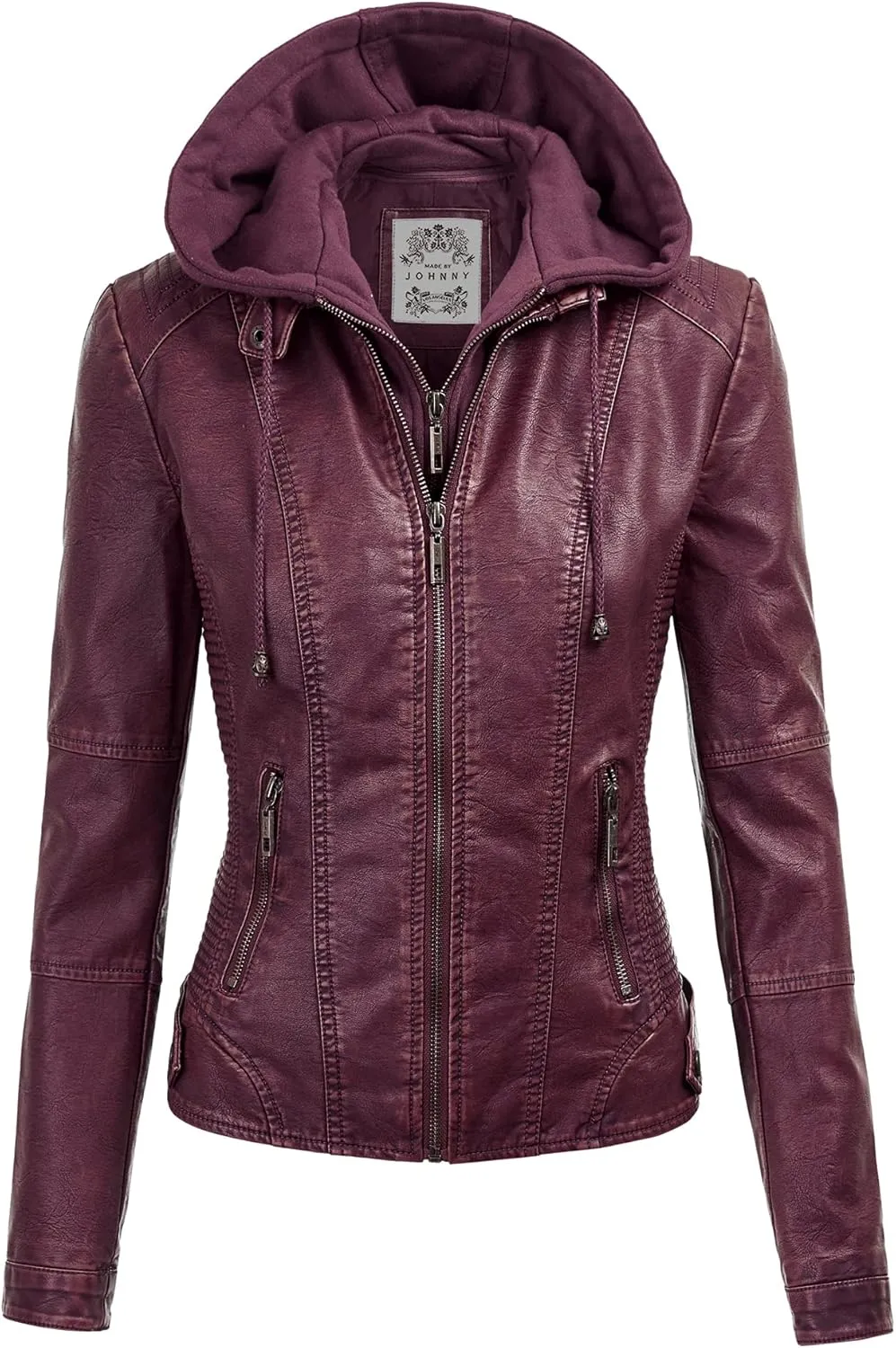 Made By Johnny Faux Leather Jacket Women Motorcycle Coat for Biker with Removable Hood