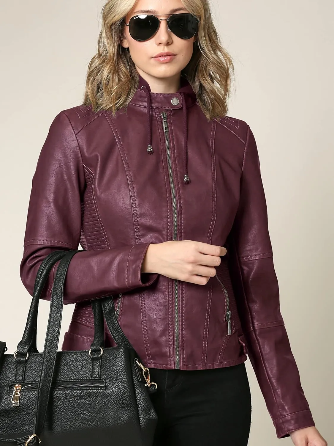 Made By Johnny Faux Leather Jacket Women Motorcycle Coat for Biker with Removable Hood