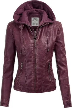 Made By Johnny Faux Leather Jacket Women Motorcycle Coat for Biker with Removable Hood