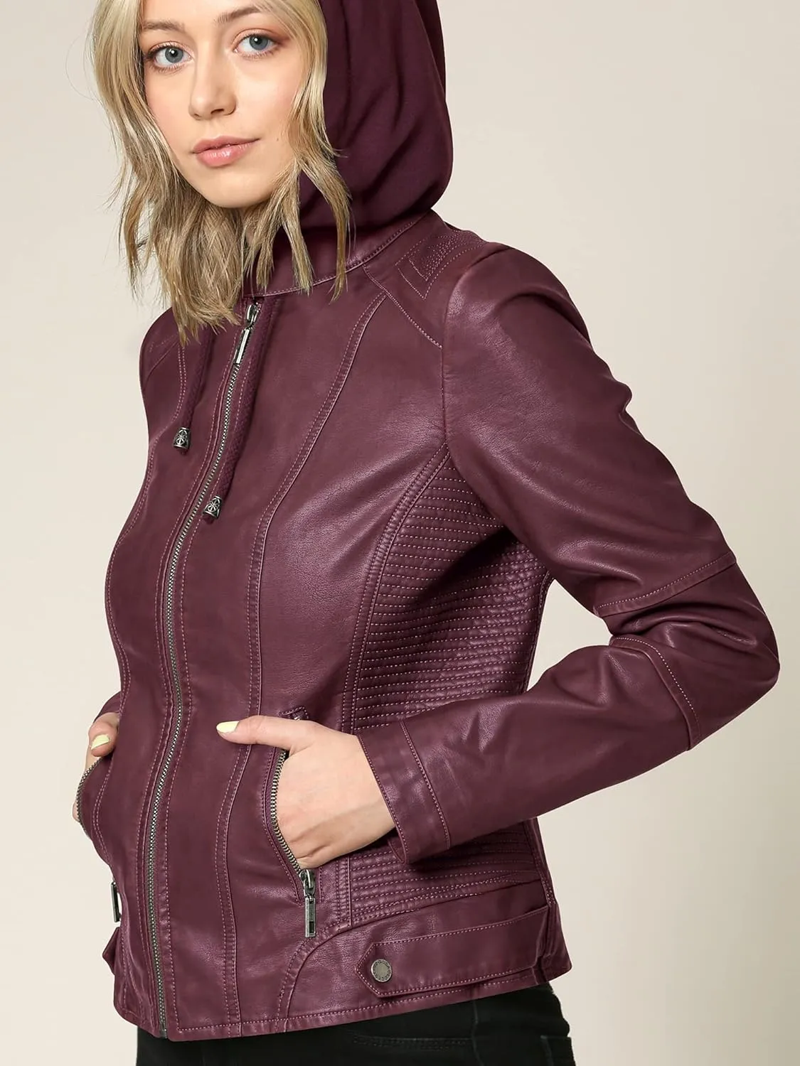 Made By Johnny Faux Leather Jacket Women Motorcycle Coat for Biker with Removable Hood