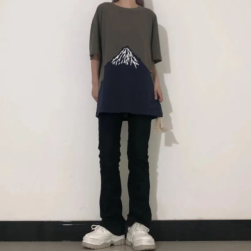 Man Hirata Hohiro Fuji Mountain Climber Embroidered T-shirt - Loose Washed Tees