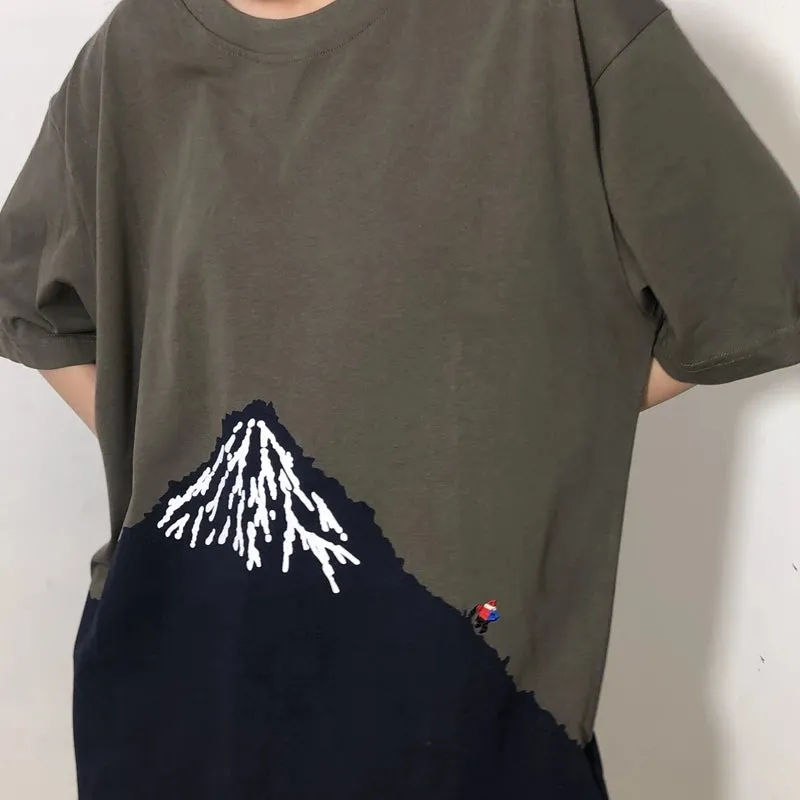 Man Hirata Hohiro Fuji Mountain Climber Embroidered T-shirt - Loose Washed Tees