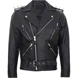 Mens Black Leather Motorcycle Jacket with Spkies Lapels