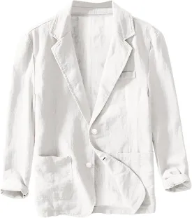 Mens Blazer Casual Cotton-Linen Sport Coat Solid Color Lapel Collar Lightweight 2 Button Unlined Work Suit Jackets