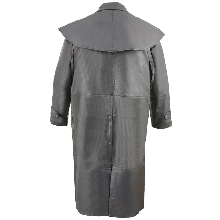 Men’s Full Length Black Leather Duster w/ Removable Cape & Leg Straps