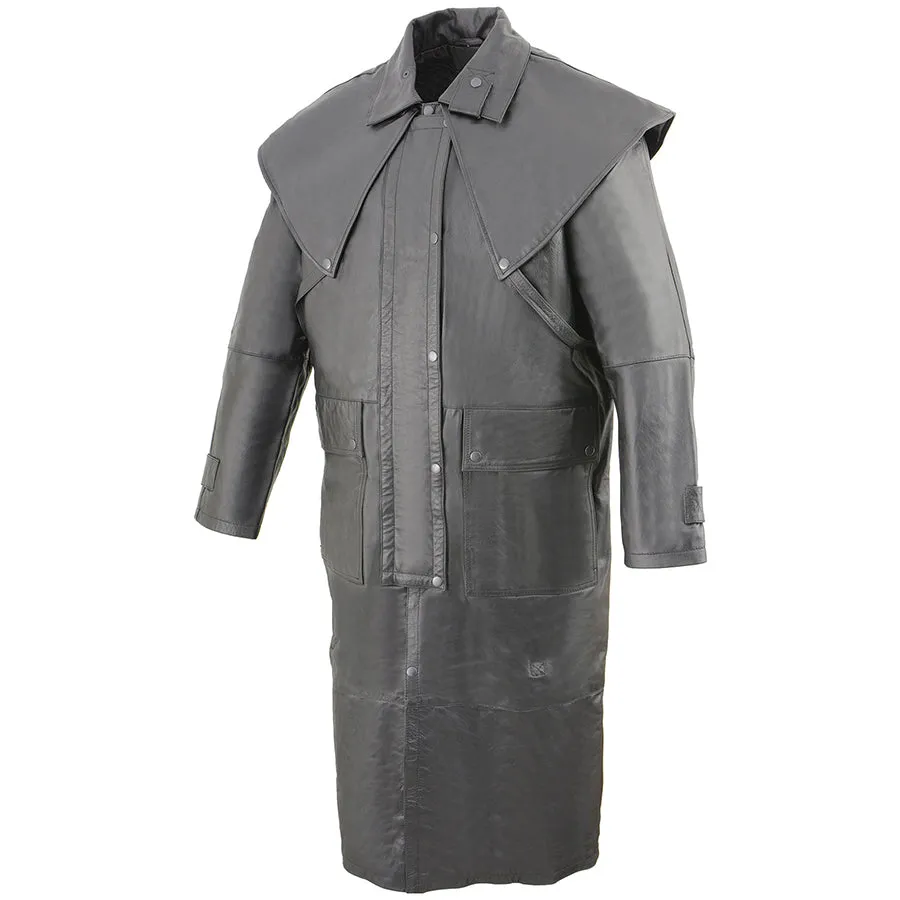 Men’s Full Length Black Leather Duster w/ Removable Cape & Leg Straps