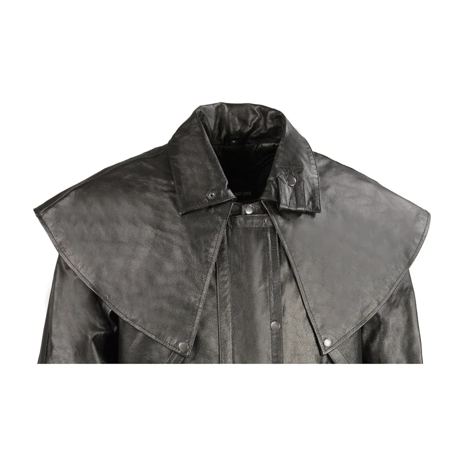 Men’s Full Length Black Leather Duster w/ Removable Cape & Leg Straps