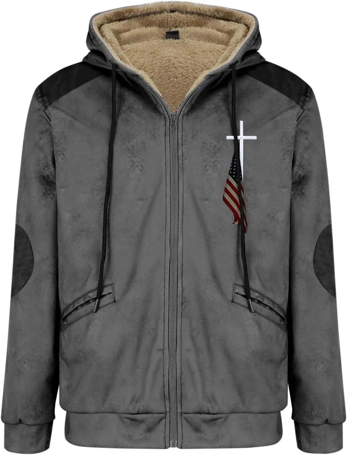 Men's Puffer Jacket Lightweight Warm Hooded Brown Zipper Personalized Patch Casual Fleece Lined Jackets for Men