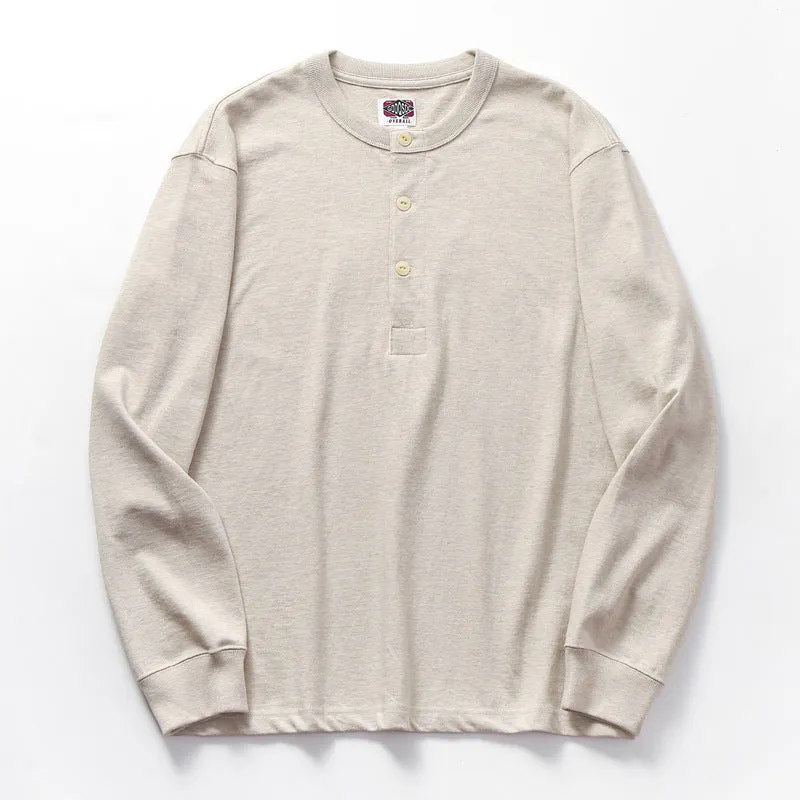 Men's Retro Super Thick Tooling Henry Collar Long Sleeve Solid Color T-Shirt
