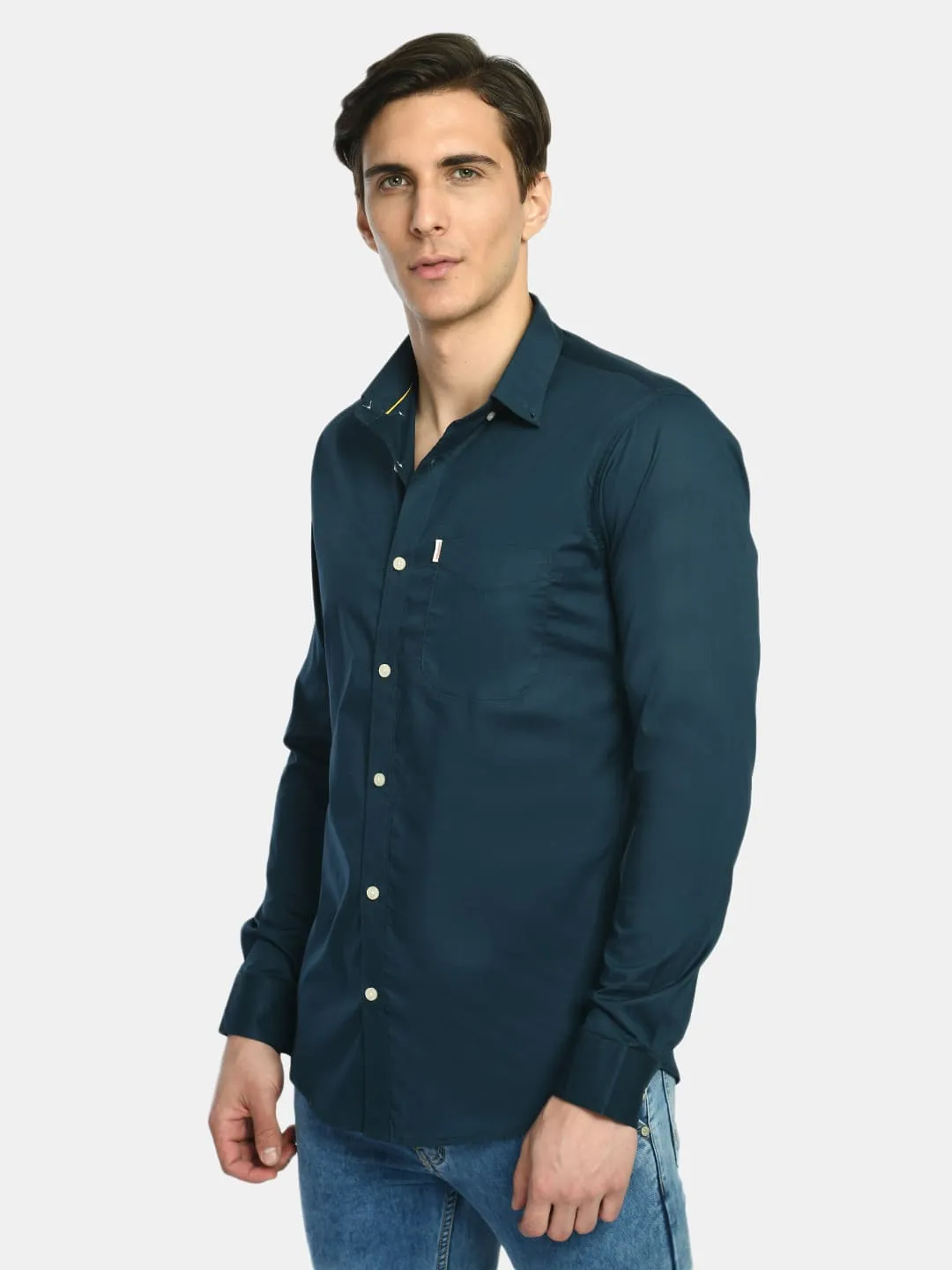 Men's Teal Blue Solid Regular Fit Casual Shirt