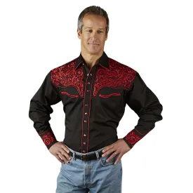 Men's Vintage Tooling Embroidered Black & Red Western Shirt