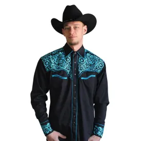 Men's Vintage Tooling Embroidered Black & Turquoise Western Shirt