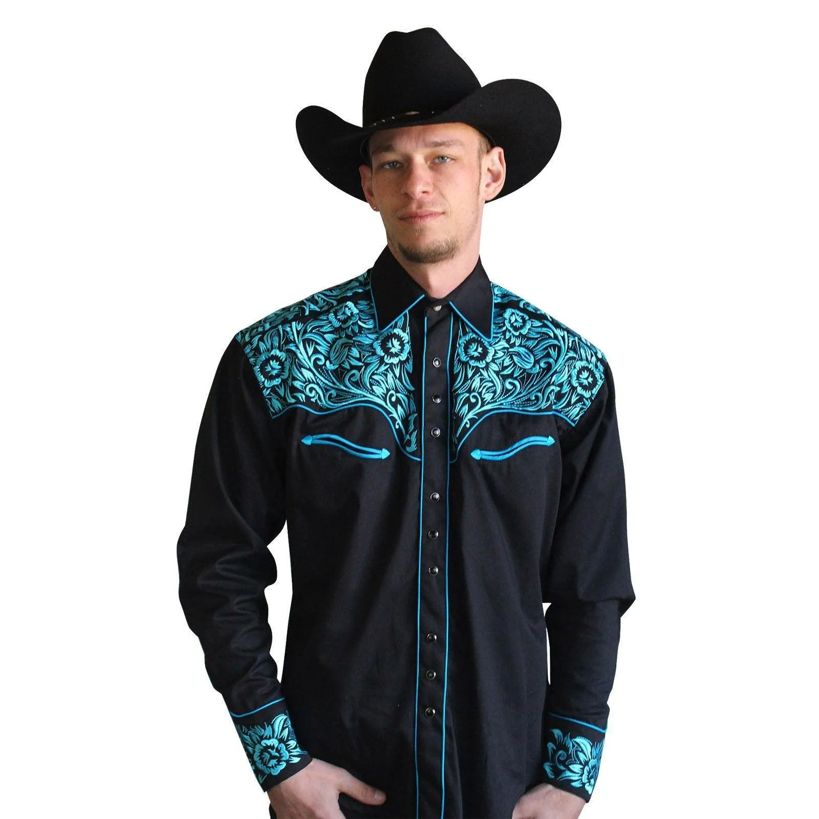 Men's Vintage Tooling Embroidered Black & Turquoise Western Shirt