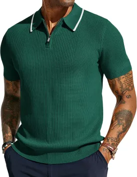 PJ PAUL JONES Men's Quarter Zip Polo Shirts Contrast Collar Knit Polo Shirt Short Sleeve Polos