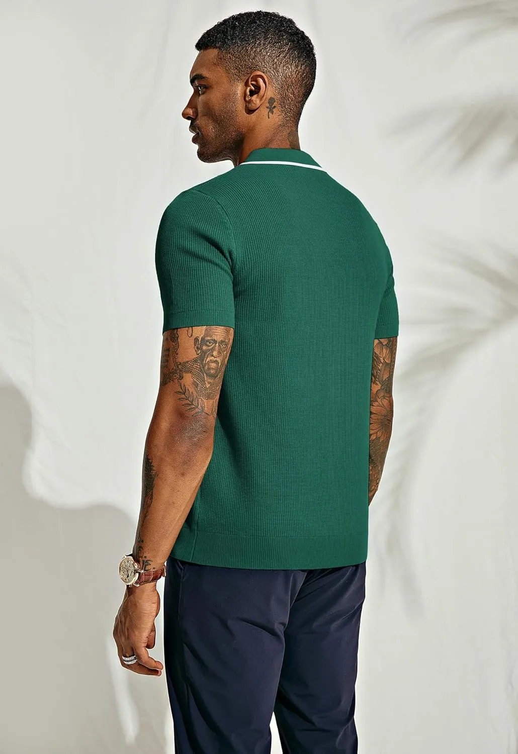 PJ PAUL JONES Men's Quarter Zip Polo Shirts Contrast Collar Knit Polo Shirt Short Sleeve Polos