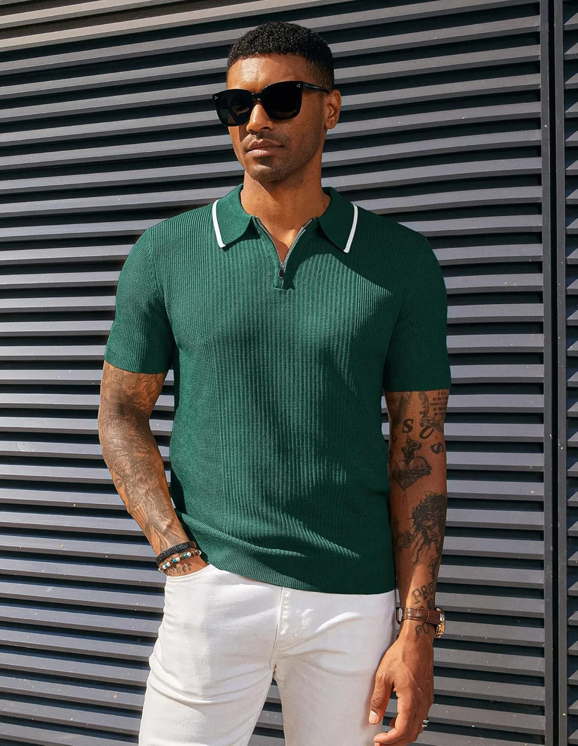 PJ PAUL JONES Men's Quarter Zip Polo Shirts Contrast Collar Knit Polo Shirt Short Sleeve Polos