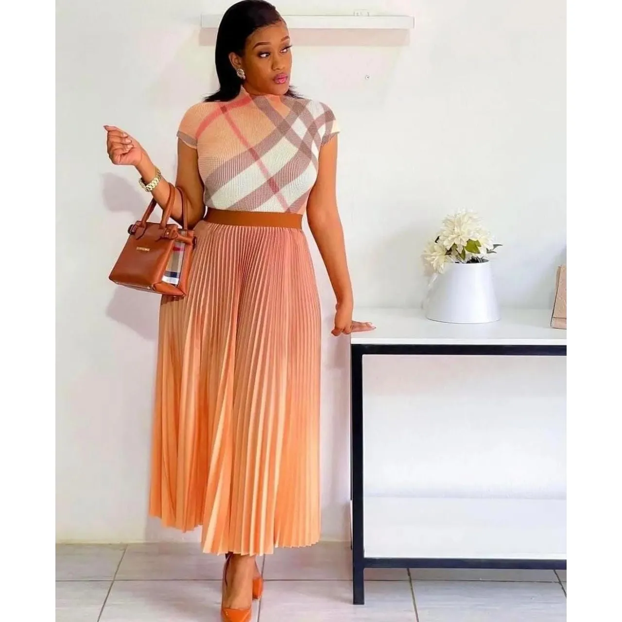 Pleated Skirt and Short Sleeve Top Set