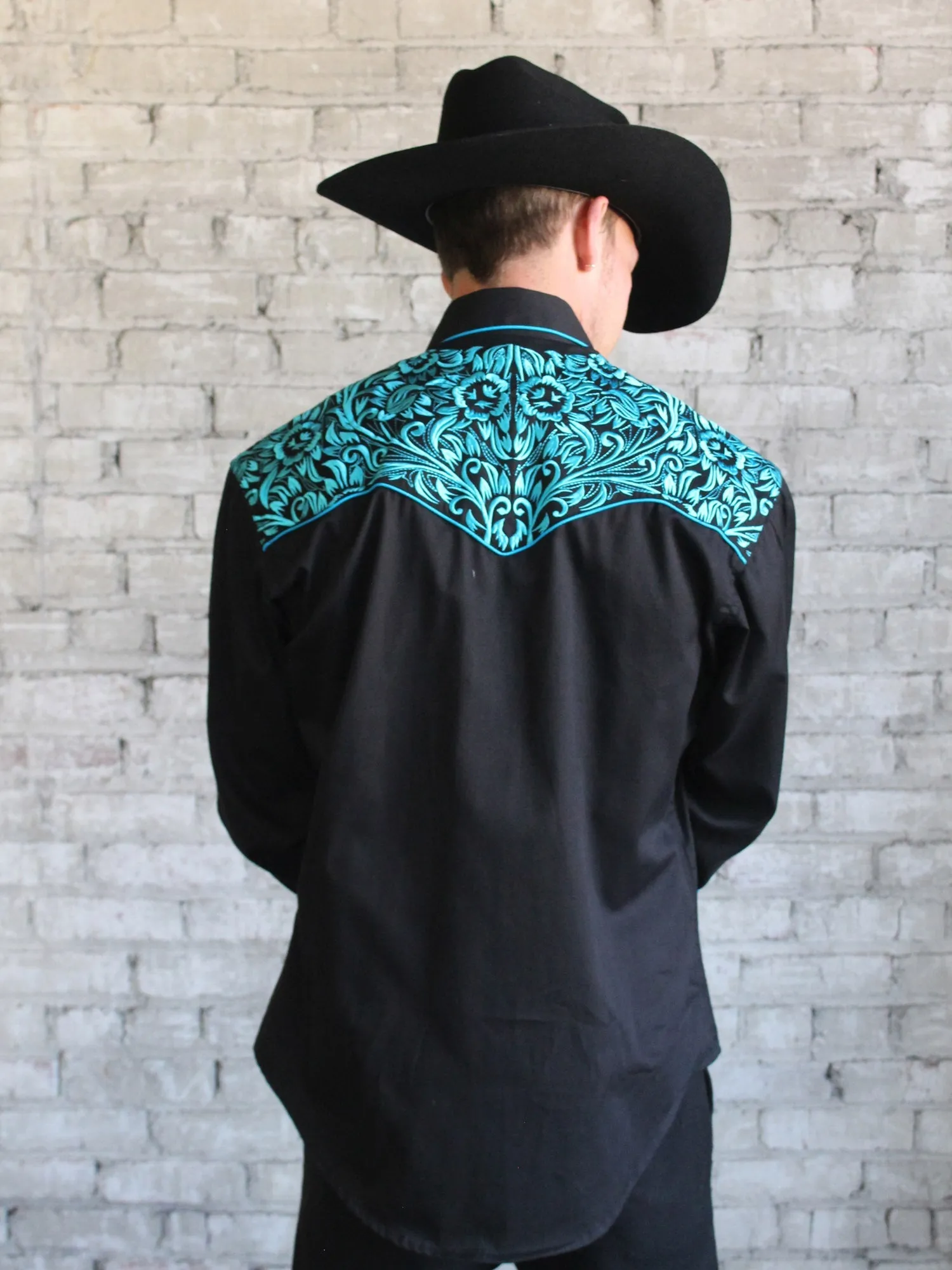 Rockmount Mens Black/Turquoise 100% Cotton Vintage Tooling Western L/S Shirt