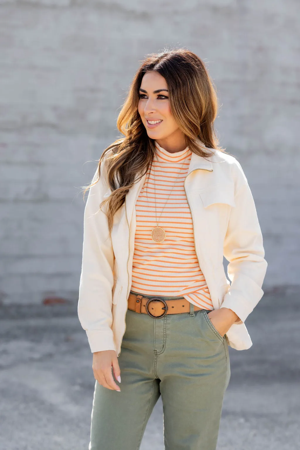 Solid Trim Striped Mock Neck Tank