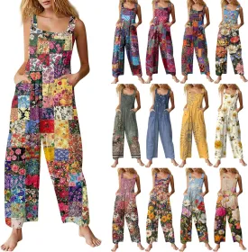 Summer Plus Size Floral Boho Cotton Linen Overalls for Women 2025 Print Wide Leg Jumpsuit Pants Rompers with Pockets