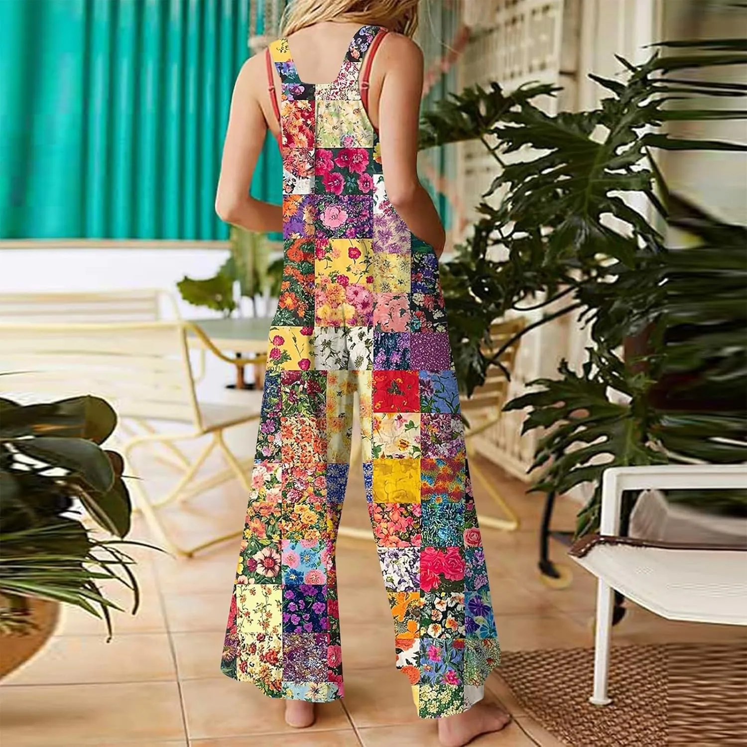 Summer Plus Size Floral Boho Cotton Linen Overalls for Women 2025 Print Wide Leg Jumpsuit Pants Rompers with Pockets