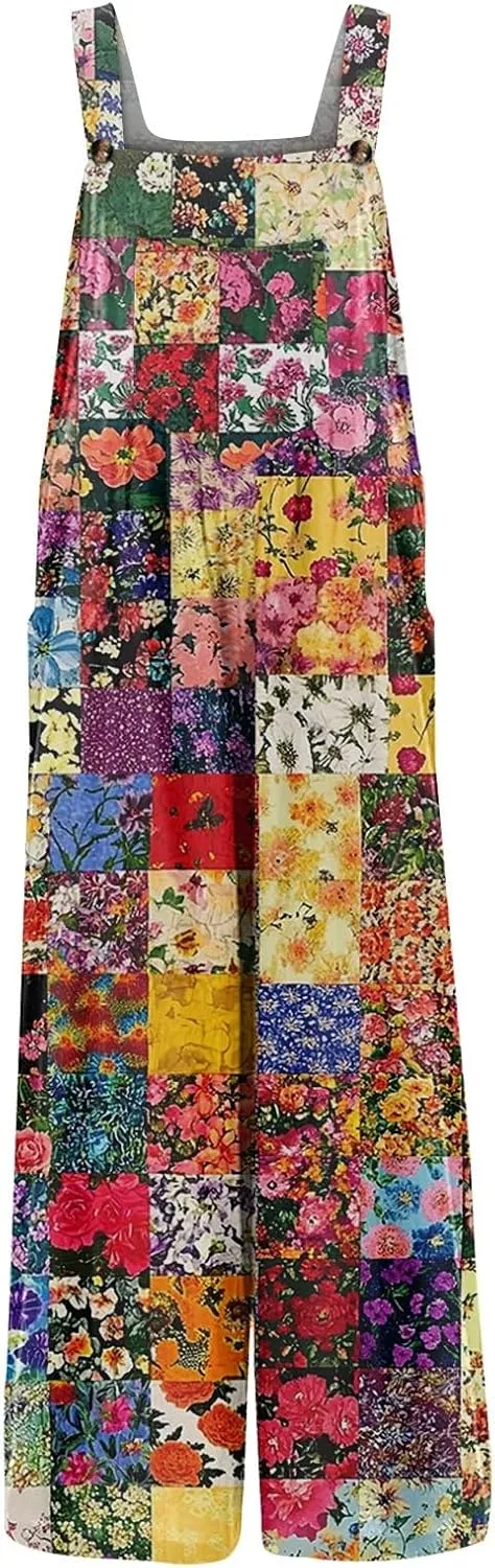 Summer Plus Size Floral Boho Cotton Linen Overalls for Women 2025 Print Wide Leg Jumpsuit Pants Rompers with Pockets