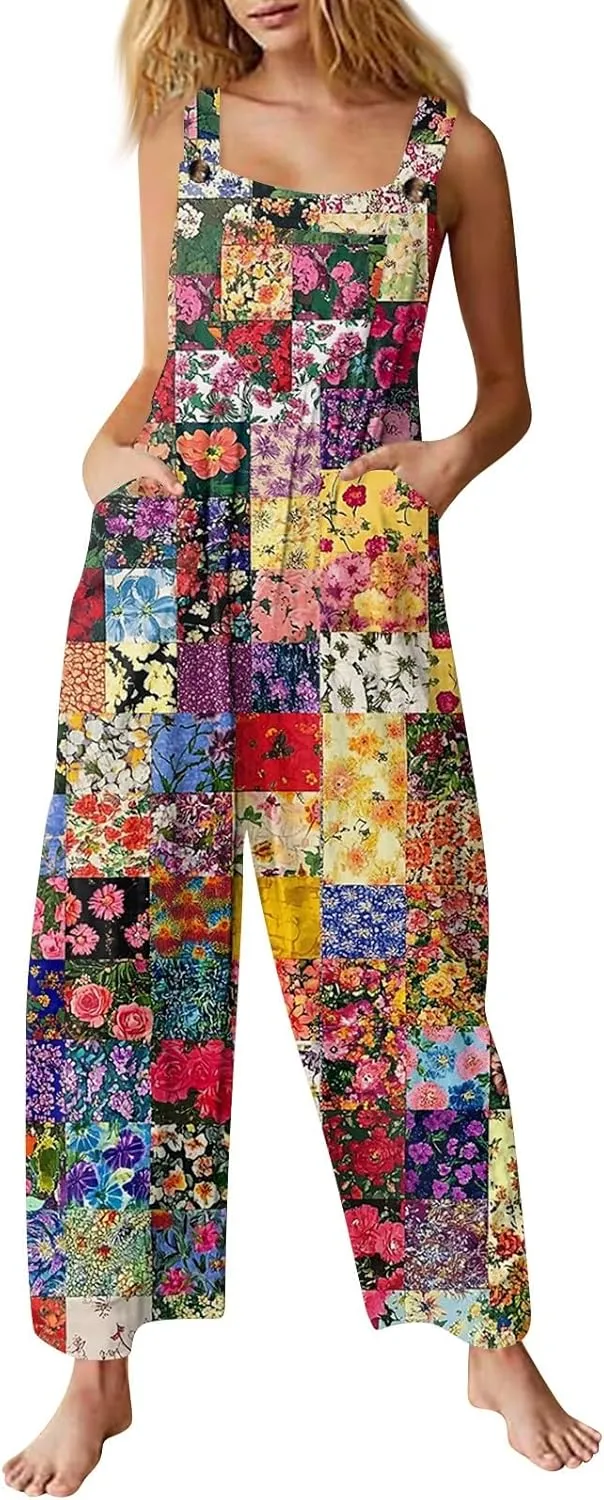 Summer Plus Size Floral Boho Cotton Linen Overalls for Women 2025 Print Wide Leg Jumpsuit Pants Rompers with Pockets