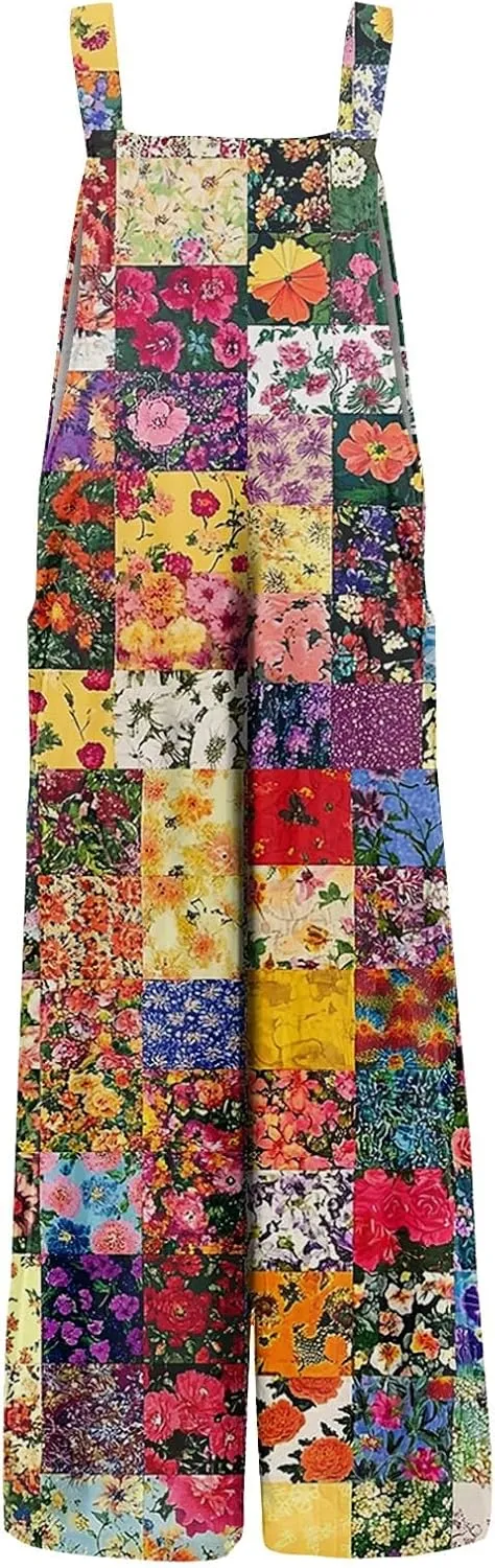 Summer Plus Size Floral Boho Cotton Linen Overalls for Women 2025 Print Wide Leg Jumpsuit Pants Rompers with Pockets