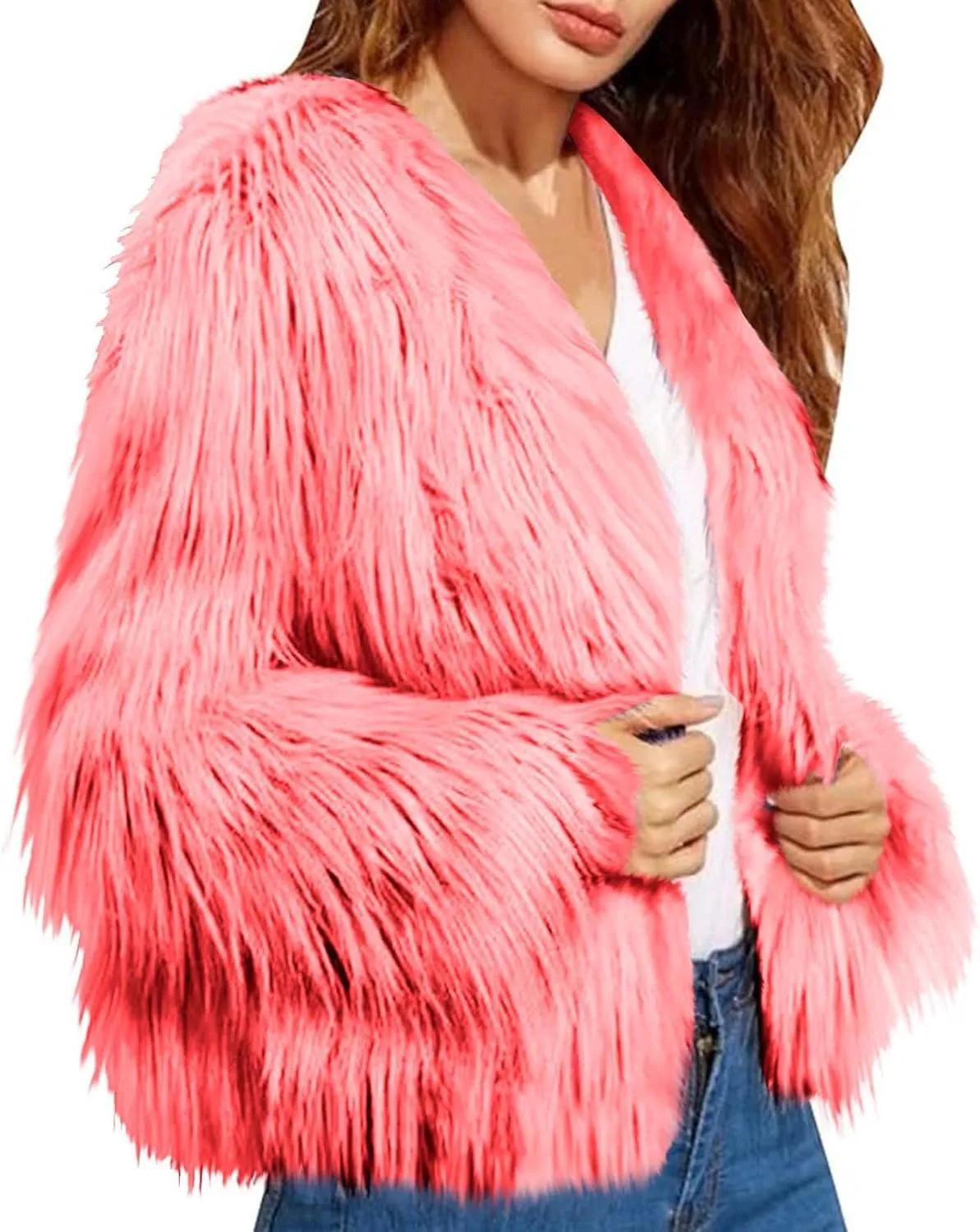TANGNADE Faux Fur Jacket Women Cropped Plus Size Long Sleeve Open Front Winter Fleece Coat Jacket Shaggy Warm Outwear