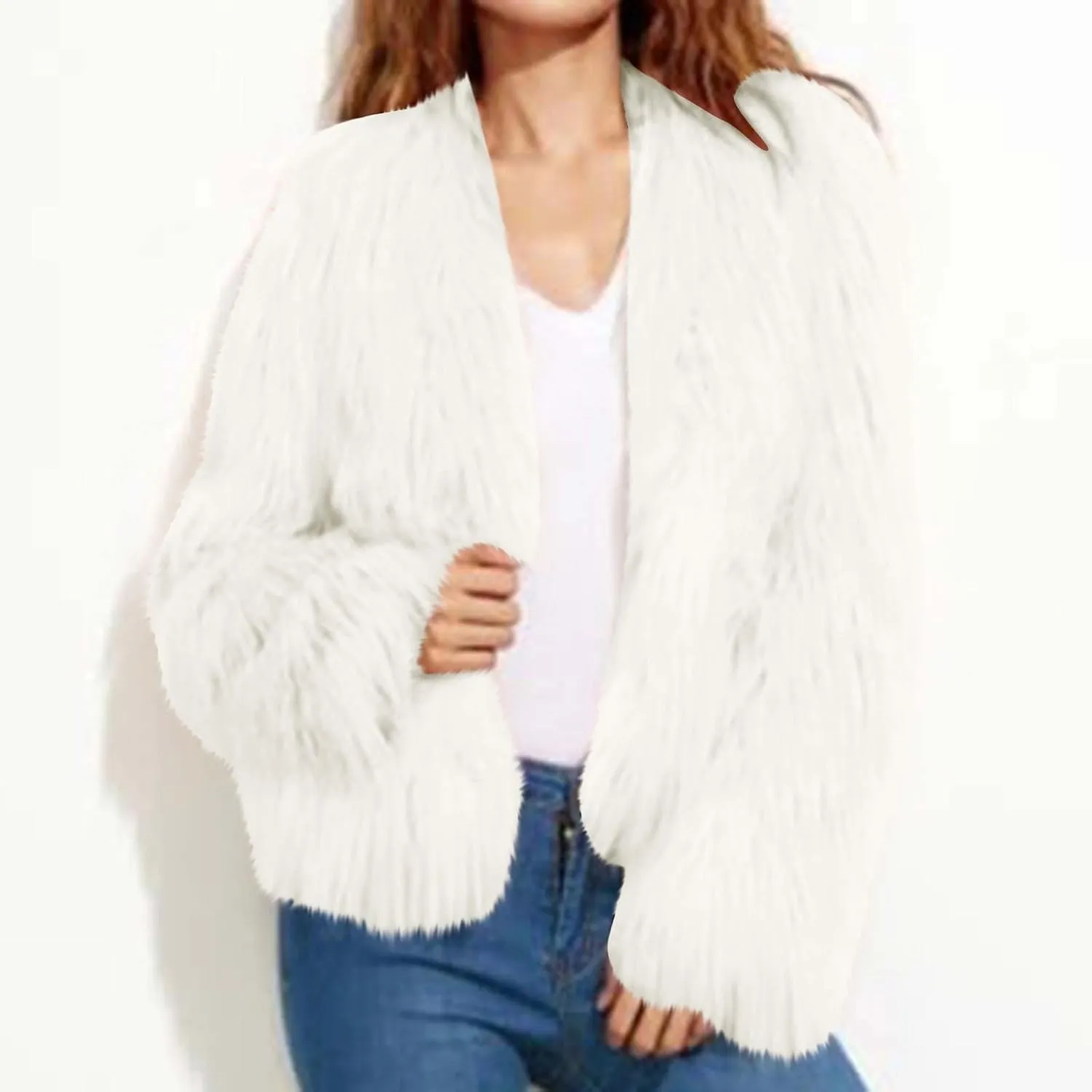 TANGNADE Faux Fur Jacket Women Cropped Plus Size Long Sleeve Open Front Winter Fleece Coat Jacket Shaggy Warm Outwear