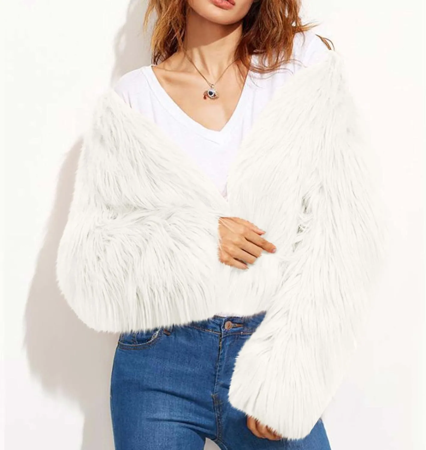 TANGNADE Faux Fur Jacket Women Cropped Plus Size Long Sleeve Open Front Winter Fleece Coat Jacket Shaggy Warm Outwear