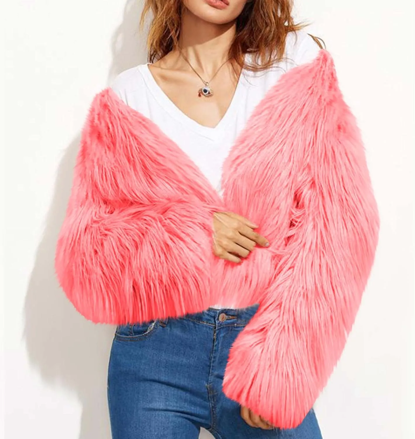 TANGNADE Faux Fur Jacket Women Cropped Plus Size Long Sleeve Open Front Winter Fleece Coat Jacket Shaggy Warm Outwear