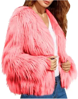 TANGNADE Faux Fur Jacket Women Cropped Plus Size Long Sleeve Open Front Winter Fleece Coat Jacket Shaggy Warm Outwear