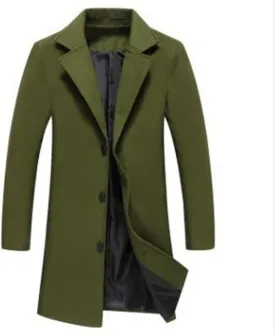 Trench Coat Men Single Breasted Wool Blend Coat Mid Length Pea Coat Notch Lapel Jacket Business Casual Overcoat